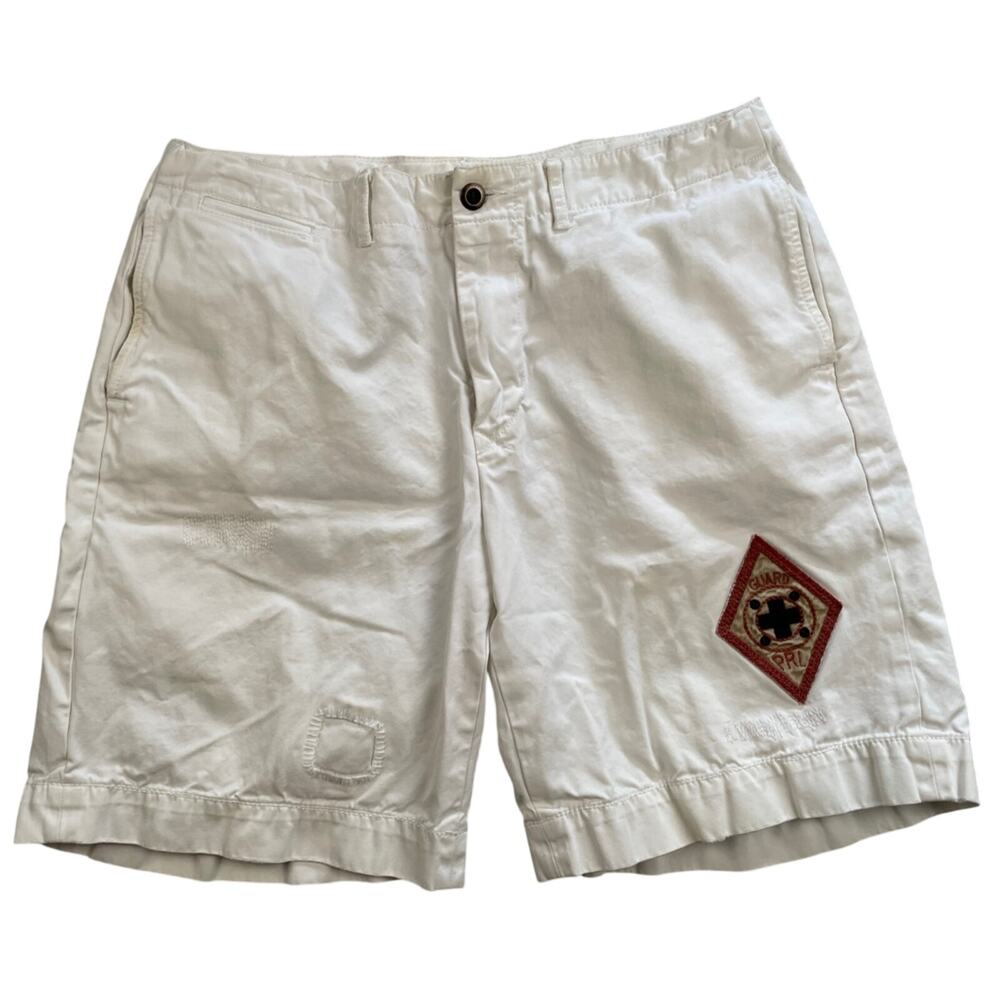VTG Polo Ralph Lauren Coast Guard Shorts 32 White Distressed Repair Patch 90s